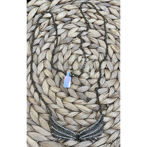 Angel Wings Pendant Necklace Antique Gold CZ Rhinestones Whimsigoth Fairy Grunge - Picture 5 of 8